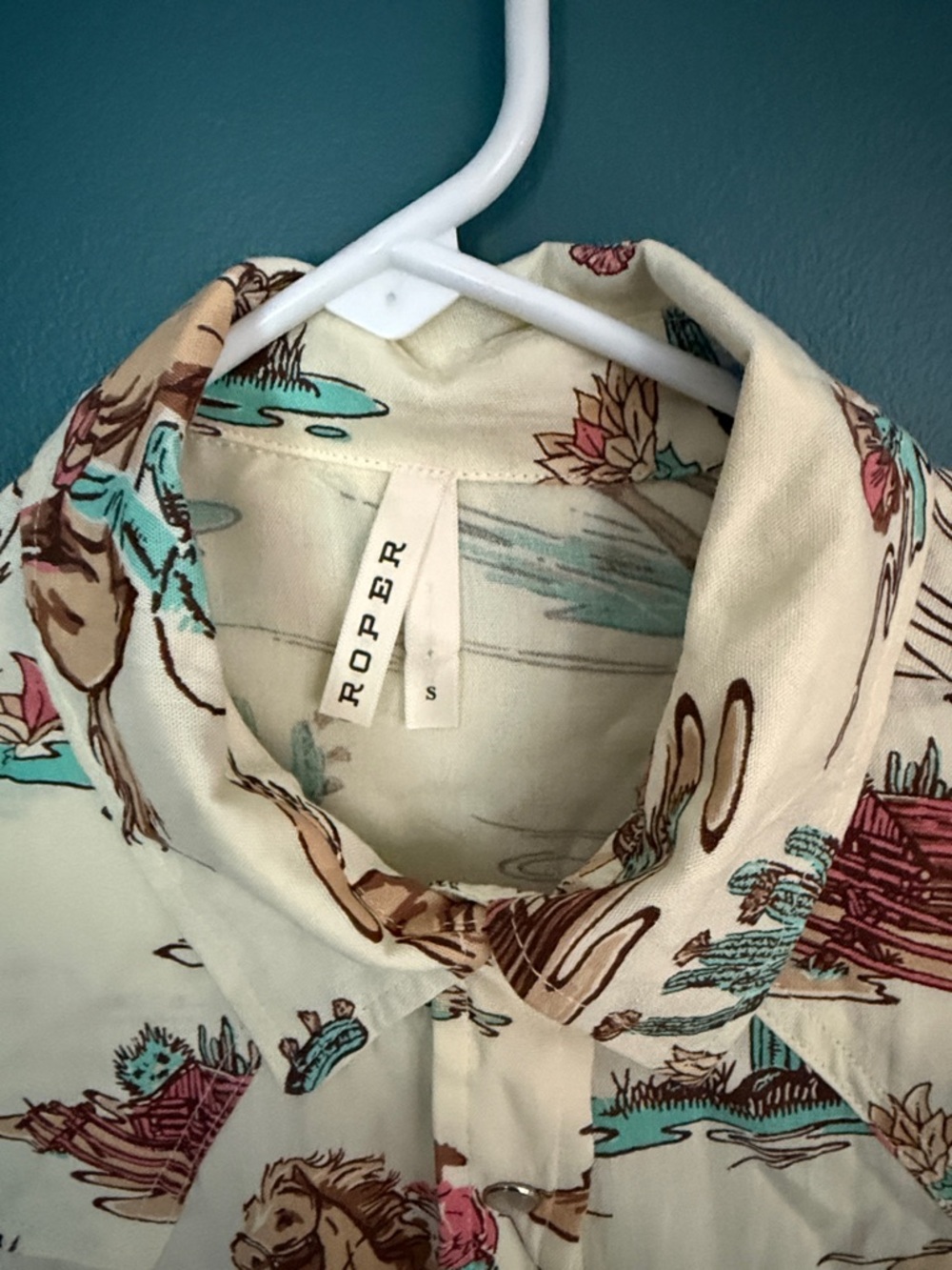 Western Rodeo Print Long-Sleeve Shirt - Cream with Teal & Brown 269 - Picture 2 of 4